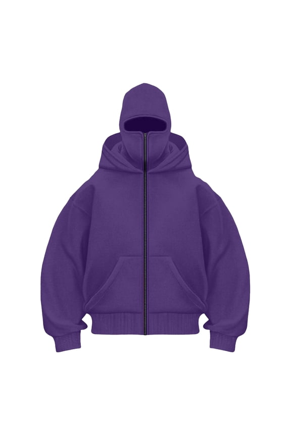 Balaclava Hoodie for Men Warm Face Hip Hop Double Layered Hoodies with Mask Fashion Zip Up Y2k Jackets, Black L S-XXL