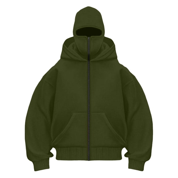 LiJinLong Balaclava Hoodie for Men Warm Face Hip Hop Double Layered Hoodies with Mask Fashion Zip Up Y2k Jackets, Black L S-XXL