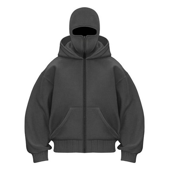 LiJinLong Balaclava Hoodie for Men Warm Face Hip Hop Double Layered Hoodies with Mask Fashion Zip Up Y2k Jackets, Grey L