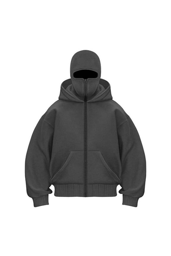 Balaclava Hoodie for Men Warm Face Hip Hop Double Layered Hoodies with Mask Fashion Zip Up Y2k Jackets, Grey L