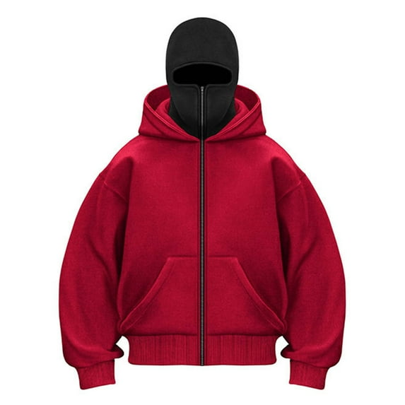 LiJinLong Balaclava Hoodie for Men Warm Face Hip Hop Double Layered Hoodies with Mask Fashion Zip Up Y2k Jackets, Red M