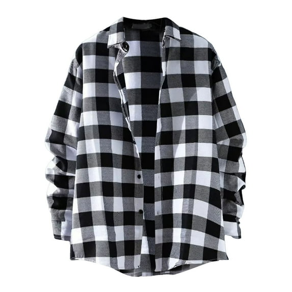 LiJinLong Men's Plaid Button Down Shirts Cotton Black and Yellow Plaid Shirt Long Sleeve Flannel Plaid with Pockets Lightweight Casual Shirt, White XXL