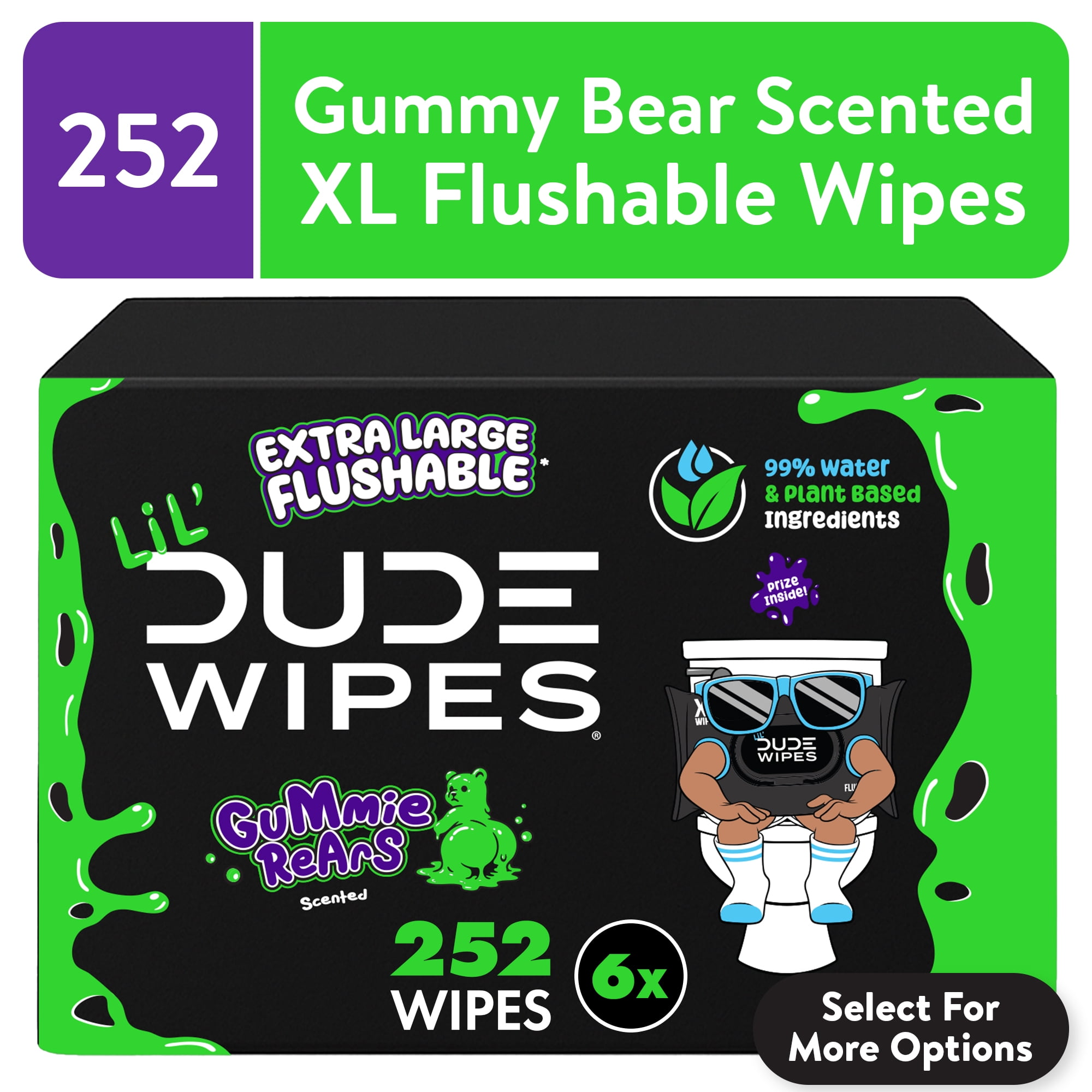 LiL' DUDE Flushable Wipes, Extra Large Gummie Rears Wet Wipes, Gummy Bear Scent, 42 Count, 6 Pack