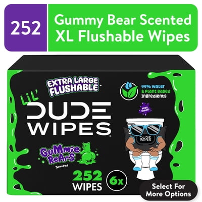 LiL' DUDE Flushable Wipes, Extra Large Gummie Rears Wet Wipes, Gummy Bear Scent, 42 Count, 6 Pack