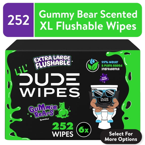 LiL' DUDE Flushable Wipes, Extra Large Gummie Rears Wet Wipes, Gummy Bear Scent, 42 Count, 6 Pack