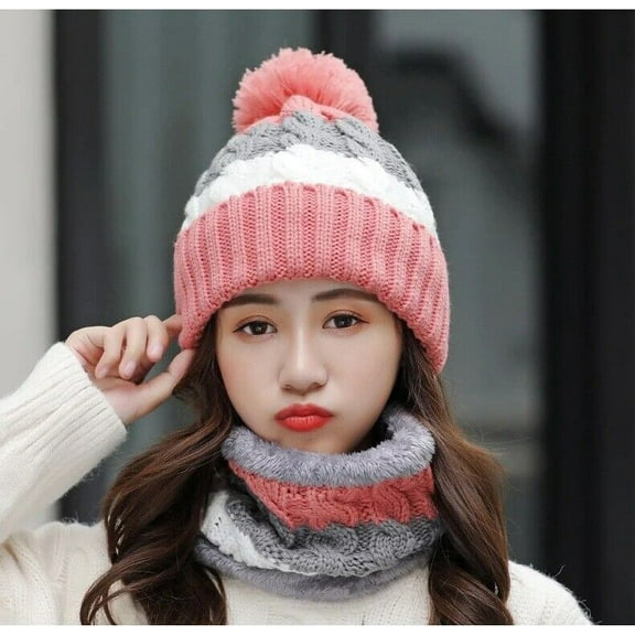 LiLiang Women Winter Knit Beanie Hat and Scarf Set Girls Cute Thick Fleece Warm Skull Cap with Pom