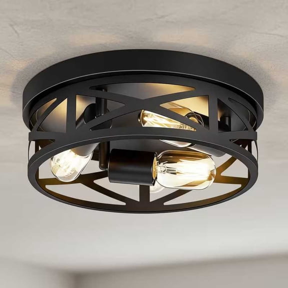 LiMoTech 3-Light Flush Mount Ceiling Light Fixture, 13inch Flush Mount Ceiling Light,Industrial Farmhouse Metal Cage Black Light Fixtures Ceiling Mount for Kitchen Entryway Hallway E26,(1 Pack)