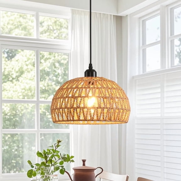 LiMoTech Rattan Pendant Light, Boho Dome Dining Room Chandelier, Brown Woven Kitchen Pendant Lighting over Island, Coastal Wicker Light Pendant Hanging Light Fixture for Entryway Bedroom, E26 Base