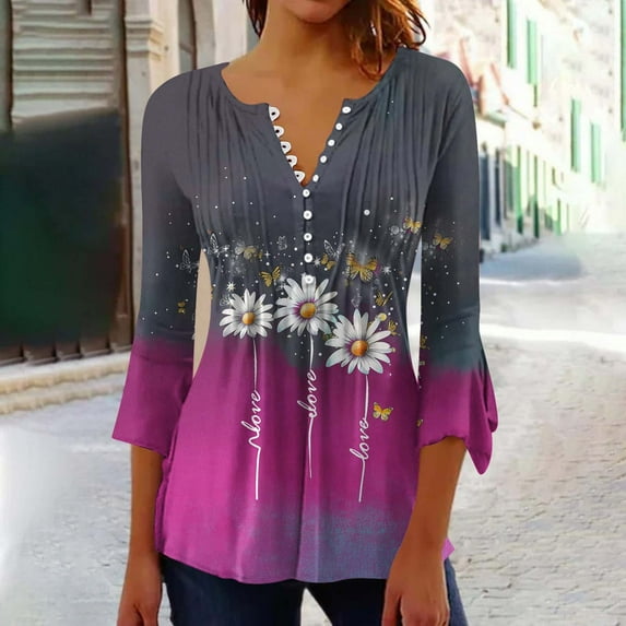 LiMoi Cute Summer Tops for Women 2025 Trendy Three Quarter Length Sleeve Tops Spring Clothes for Women 2025 Floral Blouses 3/4 Sleeve Get it Fast
