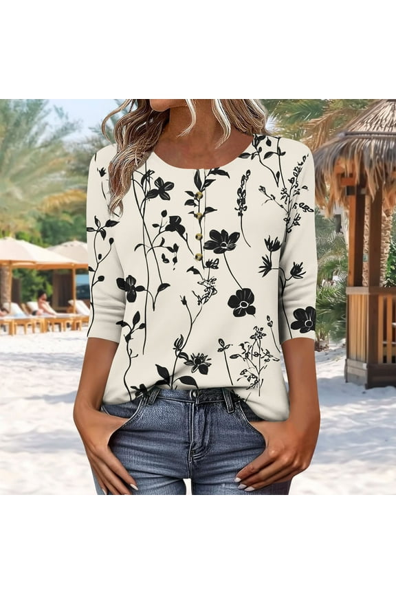 Cute Summer Tops for Women Floral Quarter Length Sleeve Tops for Women Tunic Tshirts Shirts Long Printed Tshirts my items ordered