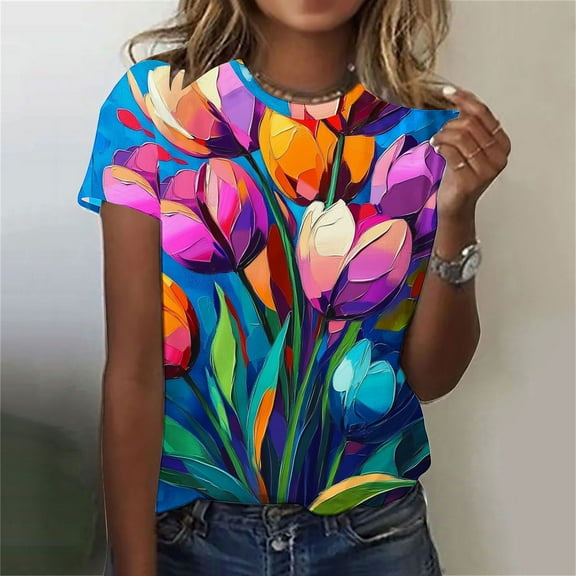 LiMoi Short Sleeve Blouses T Shirts Floral Blouses for Women 3/4 Sleeve Oversized Tee Shirts for Plus Size Women New Arrivals