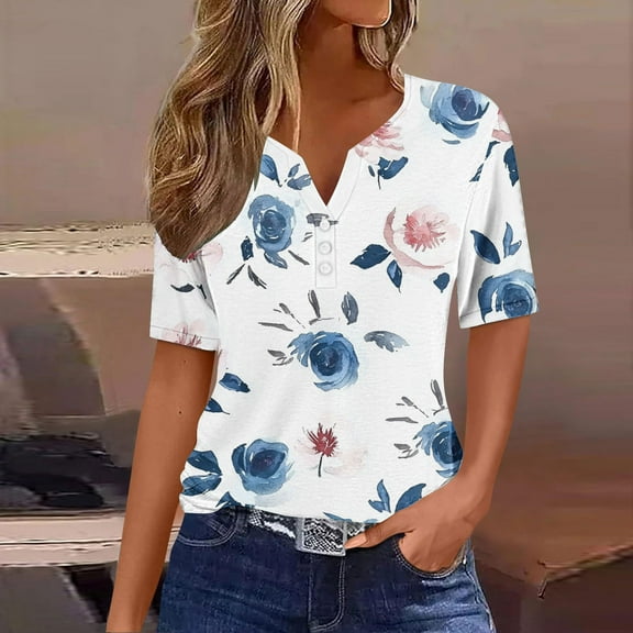LiMoi Short Sleeve Blouses for Women Casual Womens T Shirts Pack Print Tops for Women Trendy Oversized Tshirts for Women Summer New Arrivals