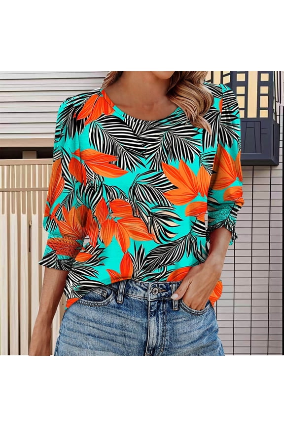 Summer Blouses for Women 2025 Vacation Women's 3/4 Sleeve Tops Oversized Tee Shirts for Women Print Tops for Women New Arrivals