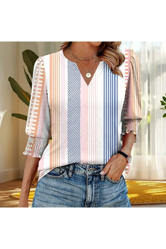 Summer Tops 2026 Trendy 3/4 Sleeve Tops for Women Button Womens Tops Plus Size Cheap orderStriped Tops for Women my order