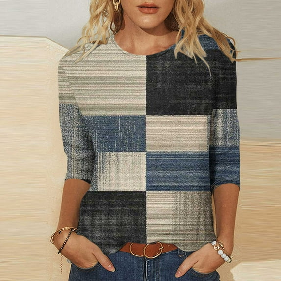 LiMoi Summer Tops 2025 Woman Women's Tops 3/4 Sleeve Plus Size Blouses Color Block Shirts for Women New Arrivals