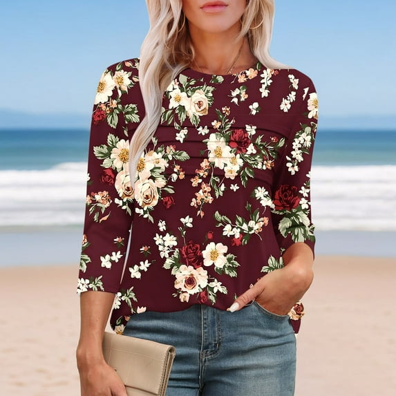 LiMoi Summer Tops Trendy Work Womens 3/4 Sleeve Tops Casual Blouses for Women Business Casual Floral Shirts for Women Trendy items ordered by me
