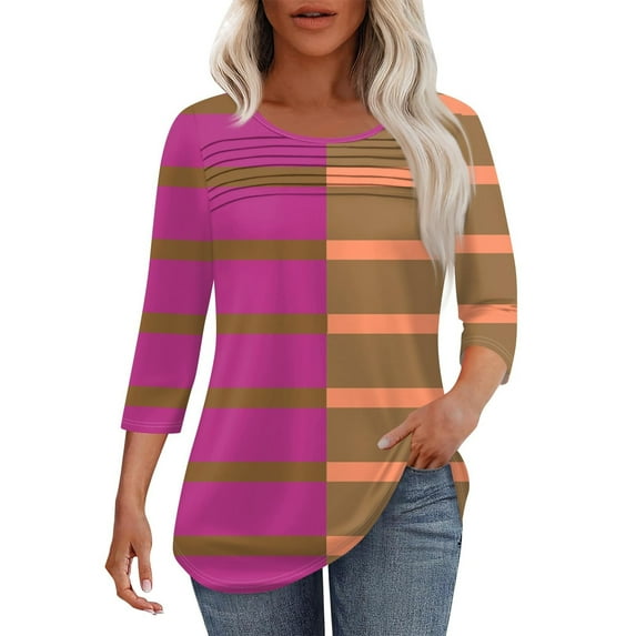 LiMoi Summer Tops for Women Floral 3/4 Sleeve T Shirts Blouses Color Block Tees for Women