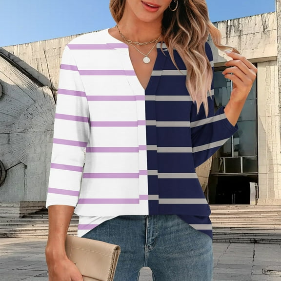 LiMoi Summer Tops for Women Trendy Y2k Womens T Shirts 3/4 Sleeve Plus Size T Shirts Striped Tops for Women Y2k reorders