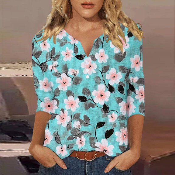 LiMoi T Shirts Plus Size 3/4 Sleeve T Shirts for Women Plus Size Shirt Print Tops for Women New & Trending