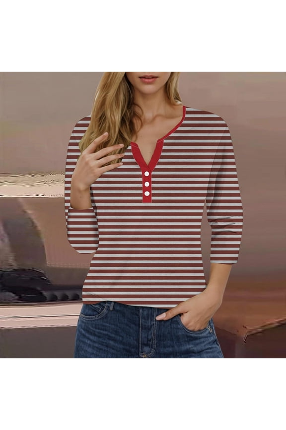 T Shirts for Women Cotton Womens Petite Tunic Tops 3/4 Sleeve Plus Size Tee Shirts Striped Top reorder items