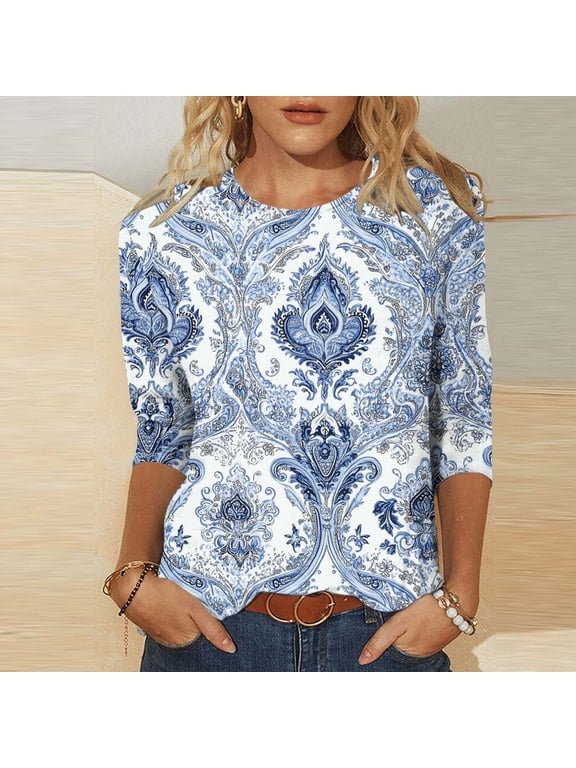 Vneck Tshirts Shirts for Women Women's 3/4 Length Sleeve Tops Oversized Tee Shirts Plus Size Printed T Shirts Get it Fast