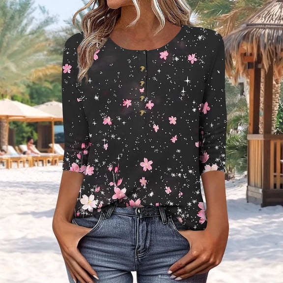 LiMoi Women Summer Clothes Cheap Women's 3/4 Length Sleeve Tops Plus Size Tops Womens Graphic T-Shirts Loose Fit Flowers reorders