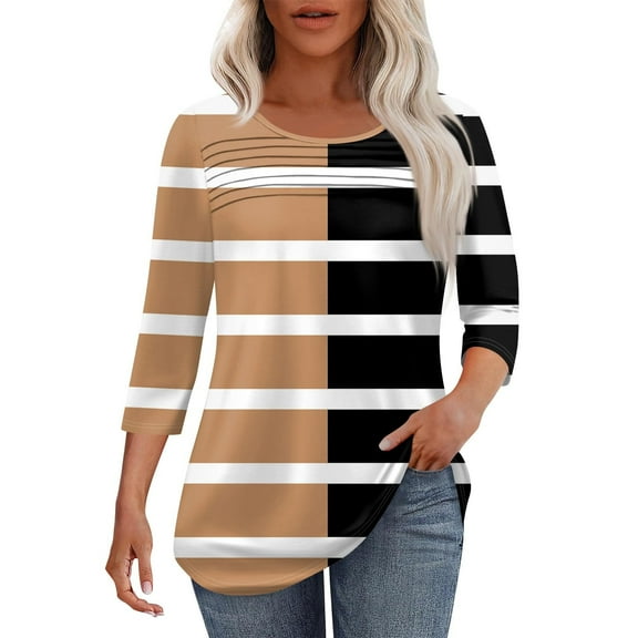 LiMoi Women Summer Tops Women's 3/4 Sleeve Tops T Shirts Black and White Color Block Blouse