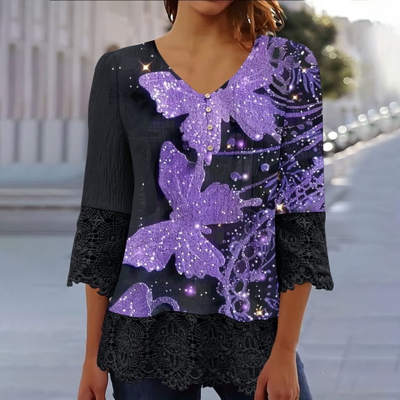 LiMoi Womens Summer Shirts Dressy Casual Tops for Women Trendy 3/4 Sleeve Casual Oversized Tops Floral Shirts for Women Y2k New & Trending