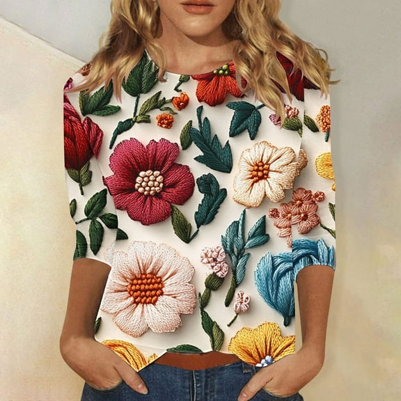 LiMoi Womens Summer Shirts and Tops Women's 3/4 Length Sleeve Tops Plus Size Tops for Women Dressy Tshirts Shirts T-Shirts Fashion New & Trending