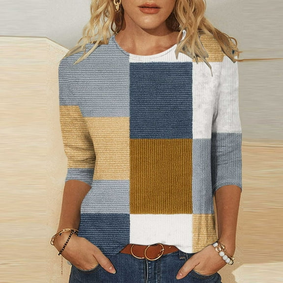 LiMoi Womens Summer Tops Casual Womens 3/4 Sleeve Tops and Blouses for Summer Plus Size Tee Shirts for Women Graphic Color Block Shirt Reorders