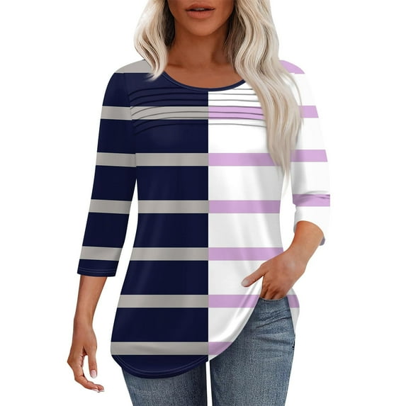 LiMoi Womens Summer Tops Trendy Plus Size 3 Quarter Length Sleeve Plus Size Tunic TopsTops for Women Western 3/4 Sleeve Color Block Shirts