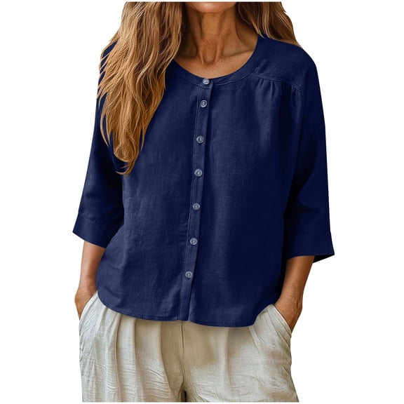 Summer Tops Trendy 2026,Summer Tshirt Shirts For Women 3/4 Sleeve Cotton Linen Button Down Tunic Tops Casual Loose Round Neck Blouses