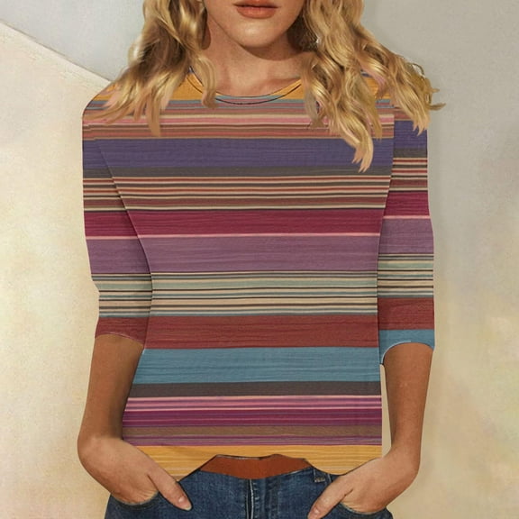 LiMoi Womens Summer Tops for Work 3/4 Length Sleeve Womens T Shirts Plus Size Womens Tops Plus Size Dressy Casual Striped Shirts for Women Get it Fast