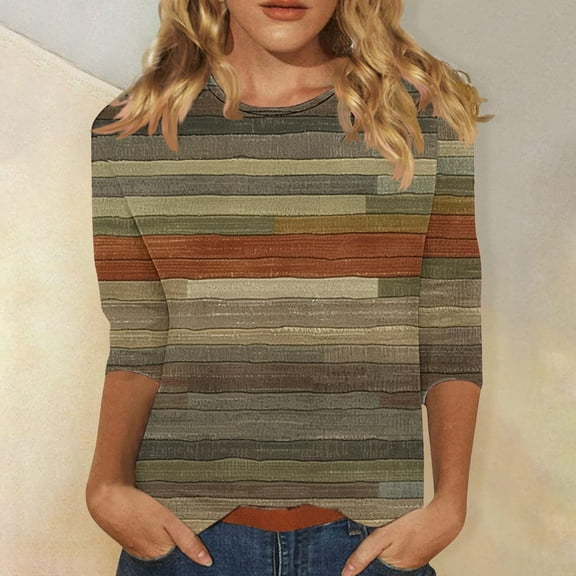 LiMoi Womens T Shirts Loose Fit Cheap Women's Tops 3/4 Sleeve Print Plus Size Tops for Women Summer 2025 Ladies Striped Tees New Arrivals