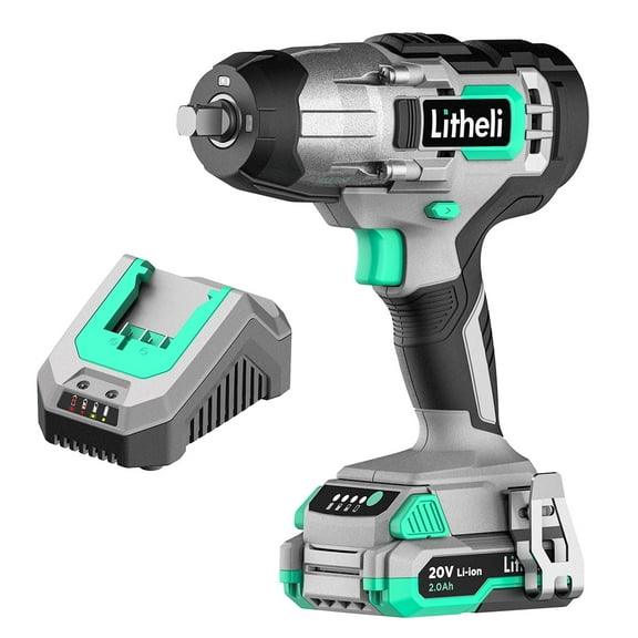 LiTHELi Impact Wrench Cordless, 1/2 inch Power Impact Wrenches Max Torque 320 ft-lbs(430N.m), 20V Impact Gun Kit with 2.0Ah Li-ion Battery Fast Charger, Electric Impact Gun for Car Tiers