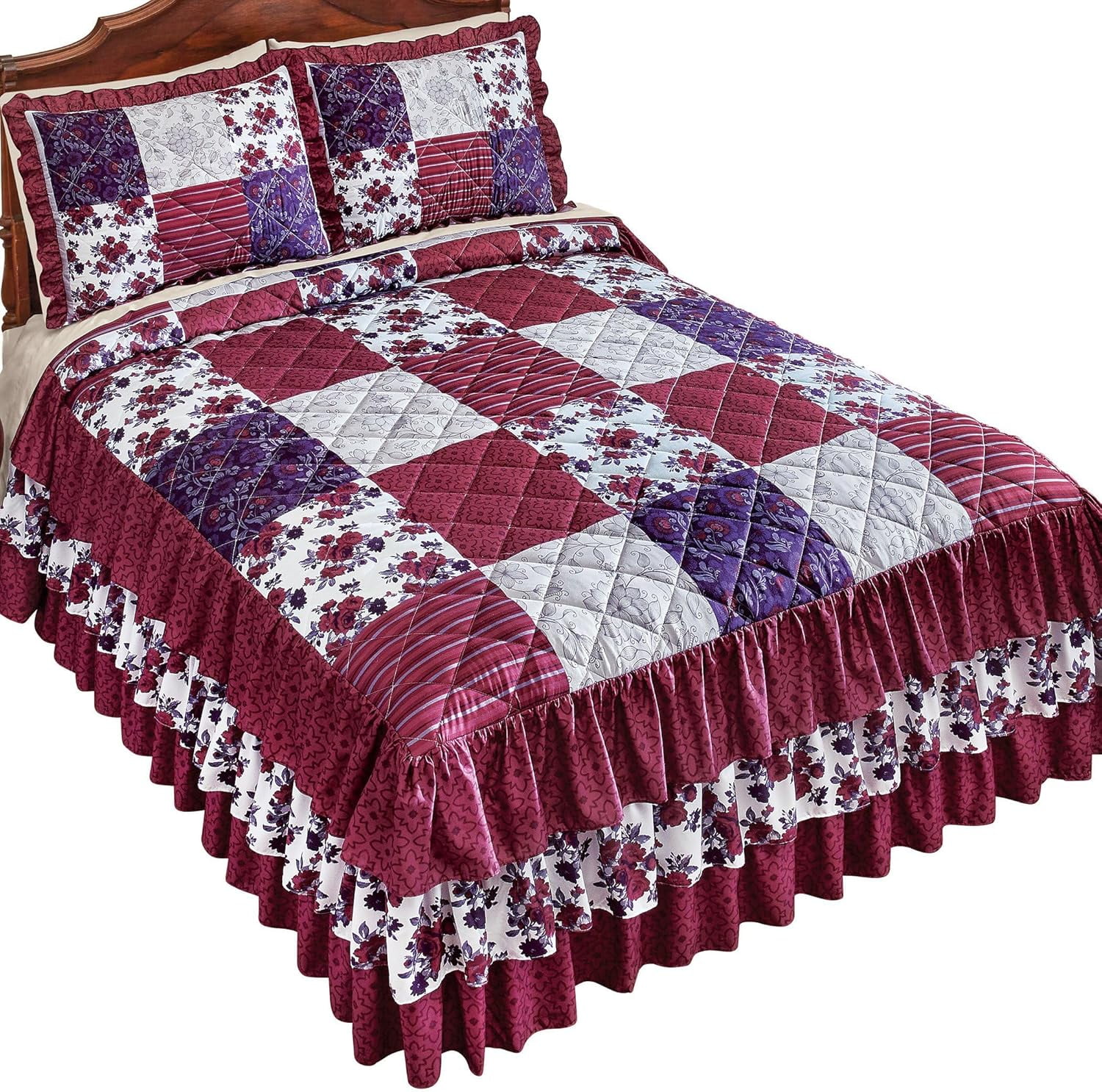 LiTian Etc Patchwork Style Quilted and 3-Tier Ruffled Bedspread