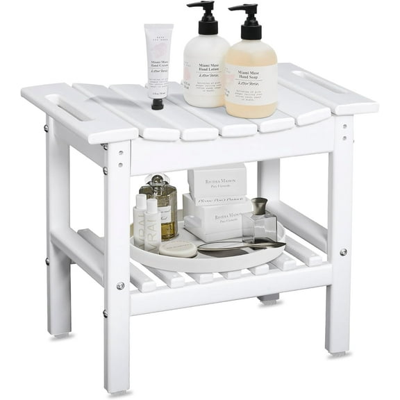 LiTian Poly Lumber Shower Stool with Storage 20 13 17.7 High, Heavy Duty Waterproof Bench, Indoor Outdoor Spa Stool Chair with Towel Bar White