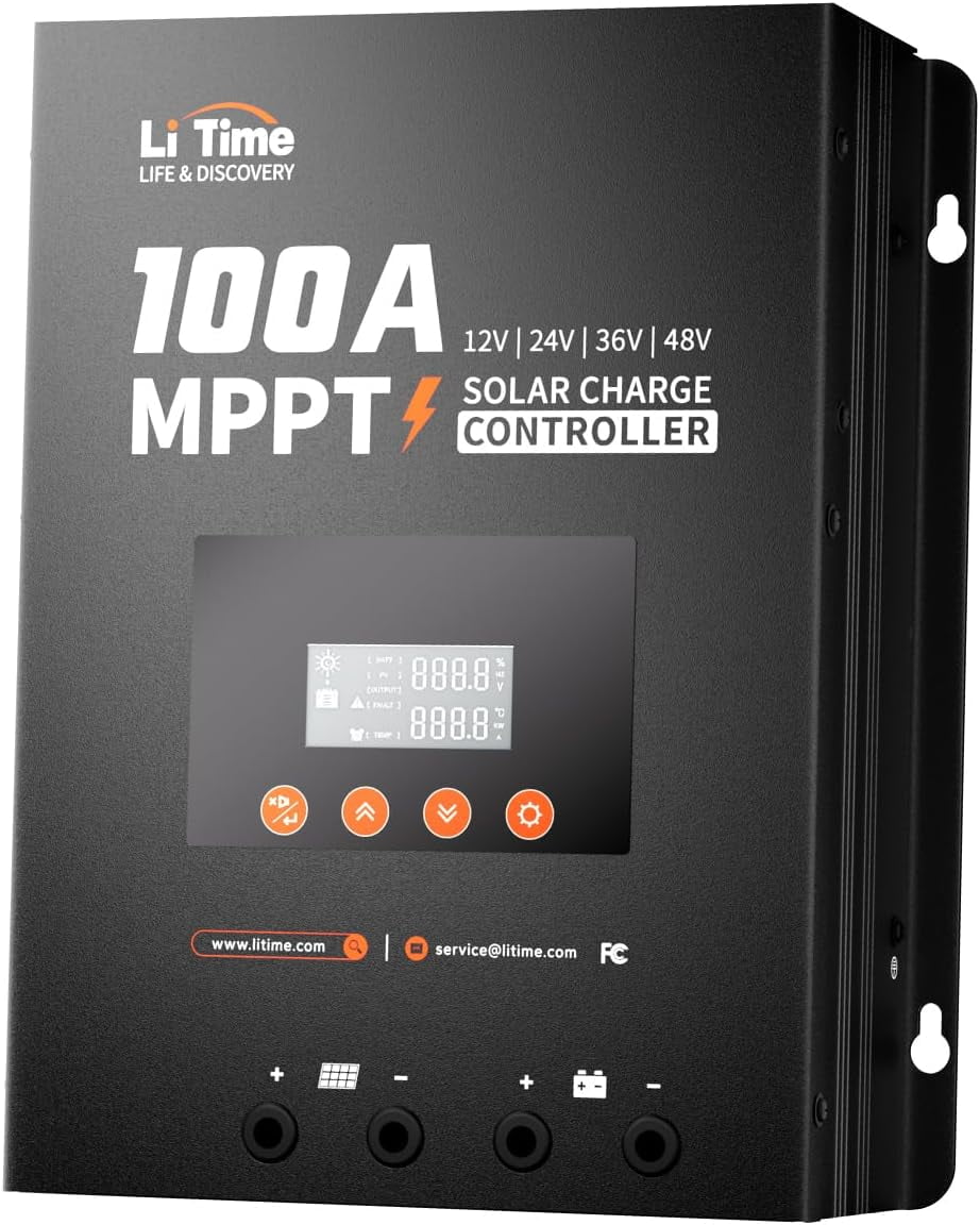 LiTime 100A (12v/24v/36v/48v) Solar Charge Controller MPPT for Lifepo4, Lithium or AGM Rechargeable Batteries, 100 Amp, 12 ~ 48 Volt Battery Compatible, Bluetooth, LCD Display, LED Indicators