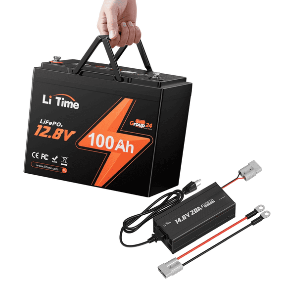 LiTime 12V 100Ah Lithium Battery with 12V 20A Charger,Group 24 Rechargeable LiFePO4 Battery with Up to 15000 Cycles, Higher Energy Density, Perfect for Trolling Motors, Boat, Solar