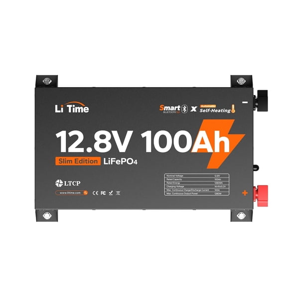 LiTime 12V 100Ah Slim Self-Heating LiFePO4 Battery with Bluetooth, 2.44" Ultra-Thin Lithium RV Battery, Up to 15,000 Deep Cycles, SPCC Steel Case for Van, Camper, Truck