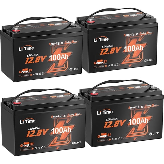 LiTime 12V 100Ah TM Bluetooth Lithium LiFePO4 Battery Low Temp Group 31 for Trolling Motors 4 Packs