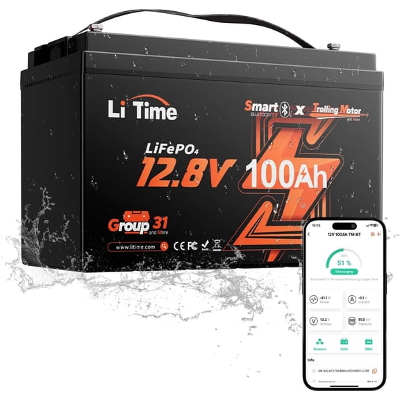 LiTime 12V 100Ah Trolling Motors LiFePO4 Battery, 12 Volt Bluetooth Lithium Batteries, Max. 15000 Deep Cycle (at 60% DOD), 100A BMS, Low-Temp Protection for Marine, Boat, Yacht, RV, Solar