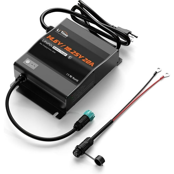 LiTime 12V(14.6V) & 16V(18.25V) 20A Mountable LiFePO4 Battery Charger - IP65 Waterproof AC to DC Fast Charger with Adjustable Voltage, Smart BMS Activation & LED Indicator