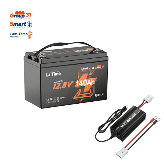 LiTime 12V 140Ah Bluetooth Lithium Battery with 14.6V 20A Charger, Deep Cycle LiFePO4 Battery for RV Travel Trailers and Trolling Motor