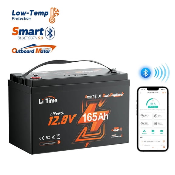 LiTime 12V 165Ah Dual Purpose Lithium Marine Starting & Storage Battery (1200CCA), Group 31 Deep Cycle LiFePO4 Cranking Battery for Boat, Compatible with Yamaha, Mercury, Honda, Suzuki, Evinrude