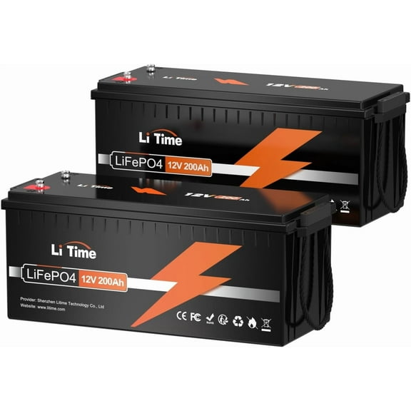 LiTime 2 Pack 12V 200Ah LiFePO4 Lithium Battery with 2560Wh Energy 100A BMS for RV Solar Energy Storage Marine Trolling Motor