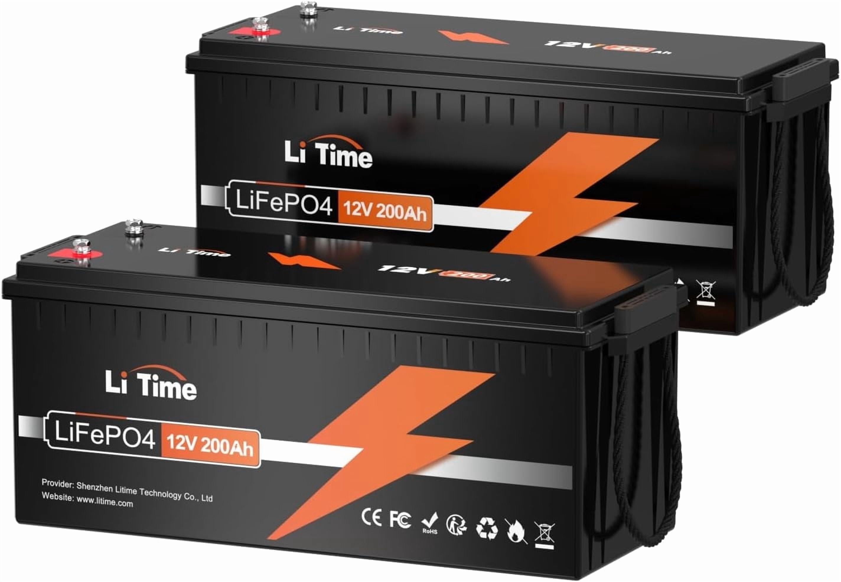 LiTime 2 Pack 12V 200Ah LiFePO4 Lithium Battery with 2560Wh Energy 100A BMS for RV Solar Energy Storage Marine Trolling Motor