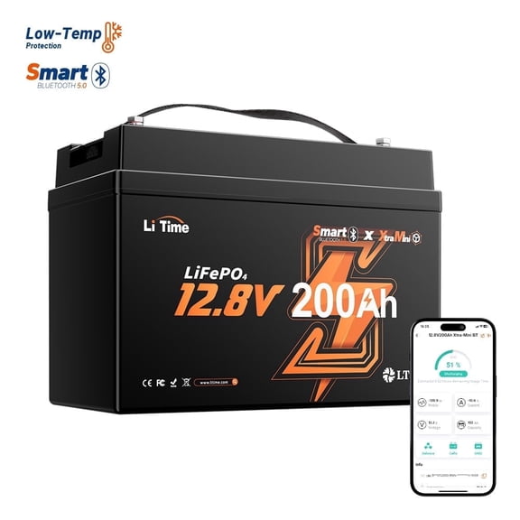 LiTime 12V 200Ah Mini LiFePO4 Battery, Up to 20000 Deep Cycles Lithium Battery, 200A BMS, Bluetooth & Low-Temp Protection, for Van, Camper, Solar, Marine (Group 31+)