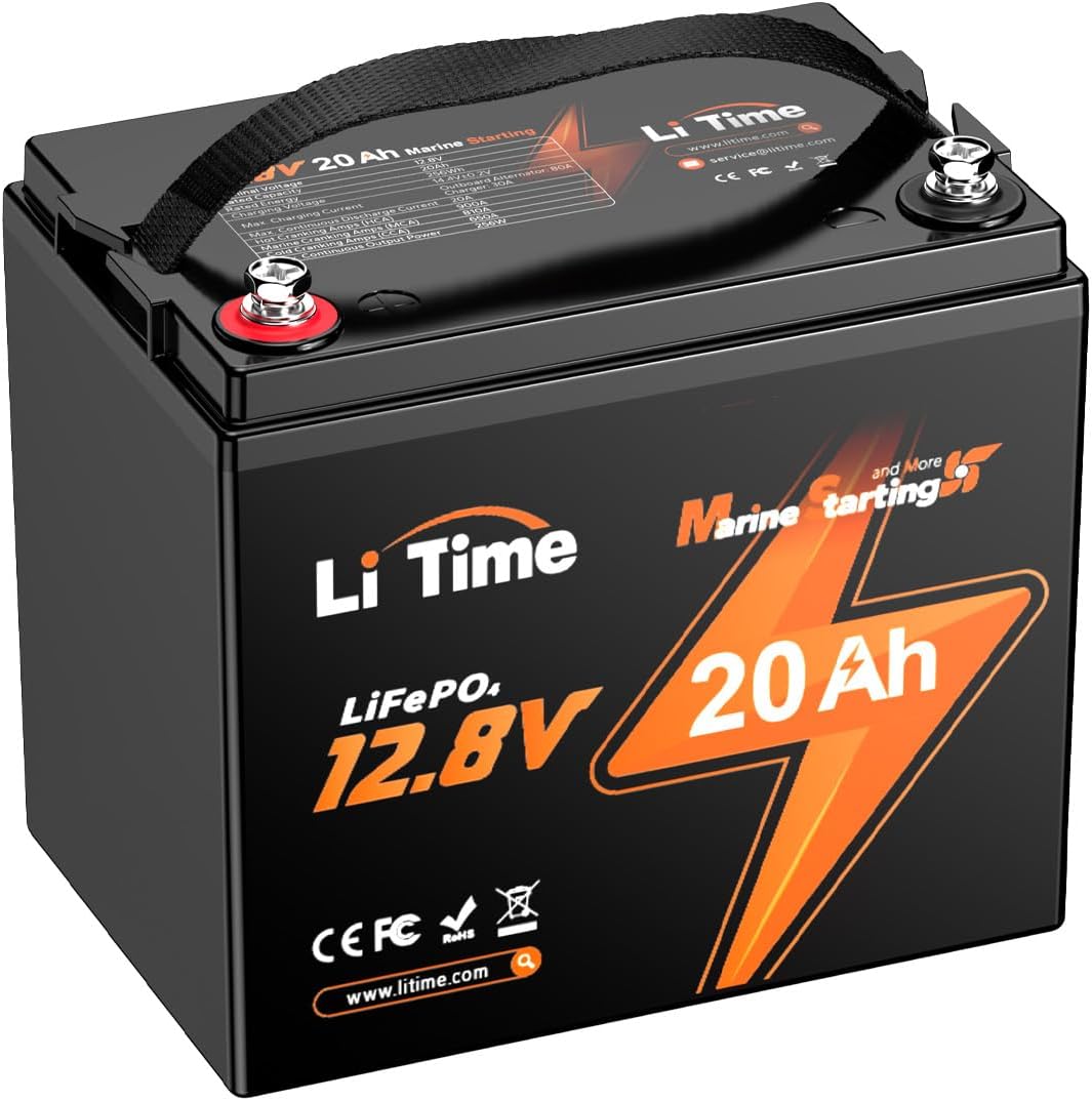 LiTime 12V 20Ah Marine Starting Lithium Battery 650-800 CCA Low-Temp Protection LiFePO4 Battery 20A BMS 4000-15000 Cycles for Yacht, Boat