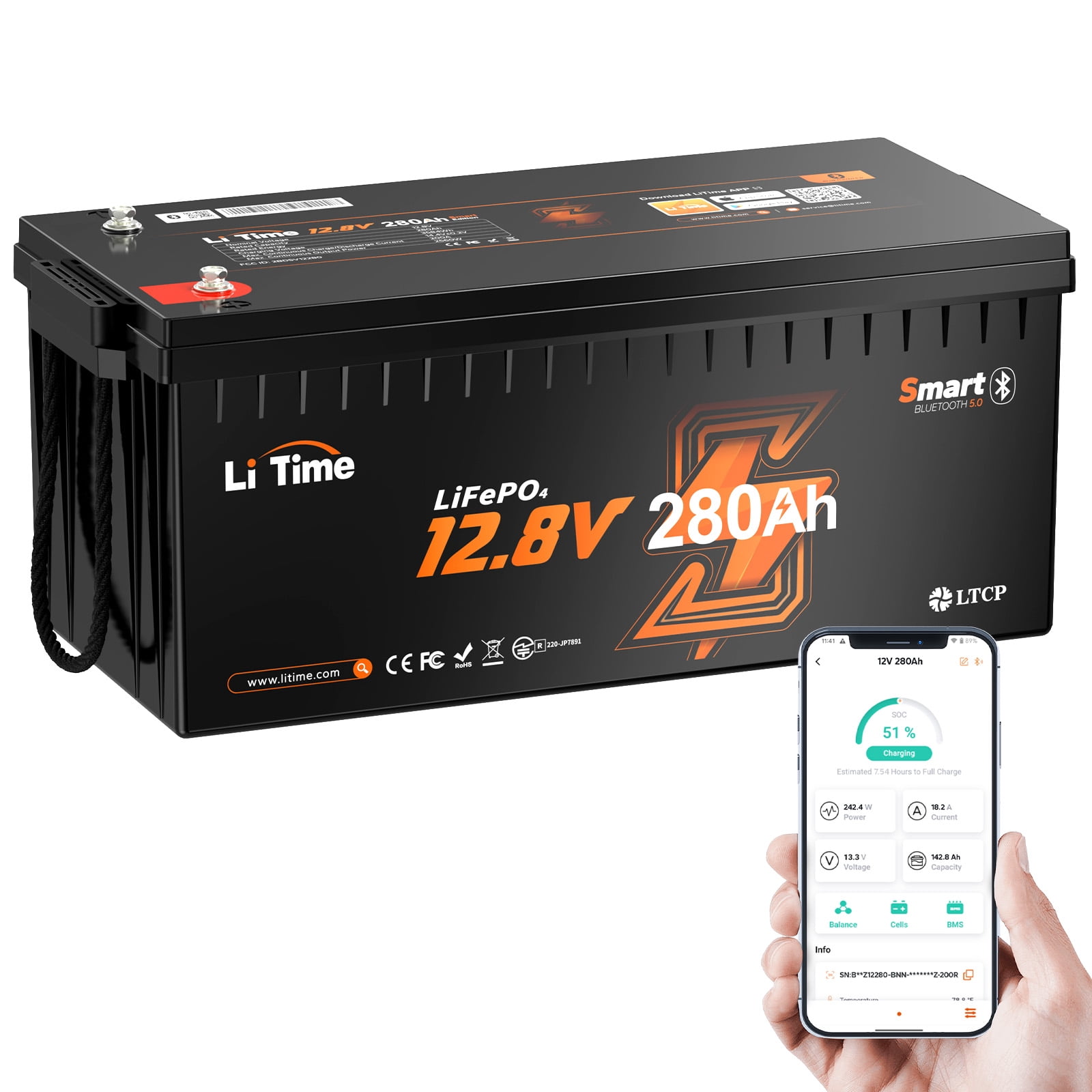 LiTime 12V 280Ah Plus Bluetooth LiFePO4 Battery Low-Temp Protection 200A BMS Deep Cycle Lithium Iron Phosphate Battery for Marine Home Energy Trolling Motors Yacht Boat RV